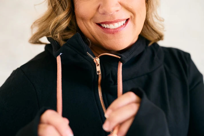 Full Zip Black Hoodie Sweater | Pink Cement