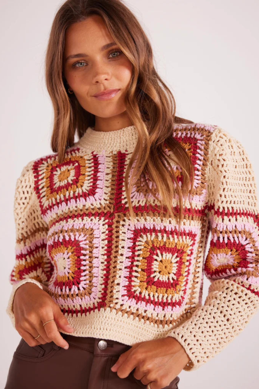 Norah crochet top by minkpink. Fall23. Long sleeve. Jolie folie boutique
