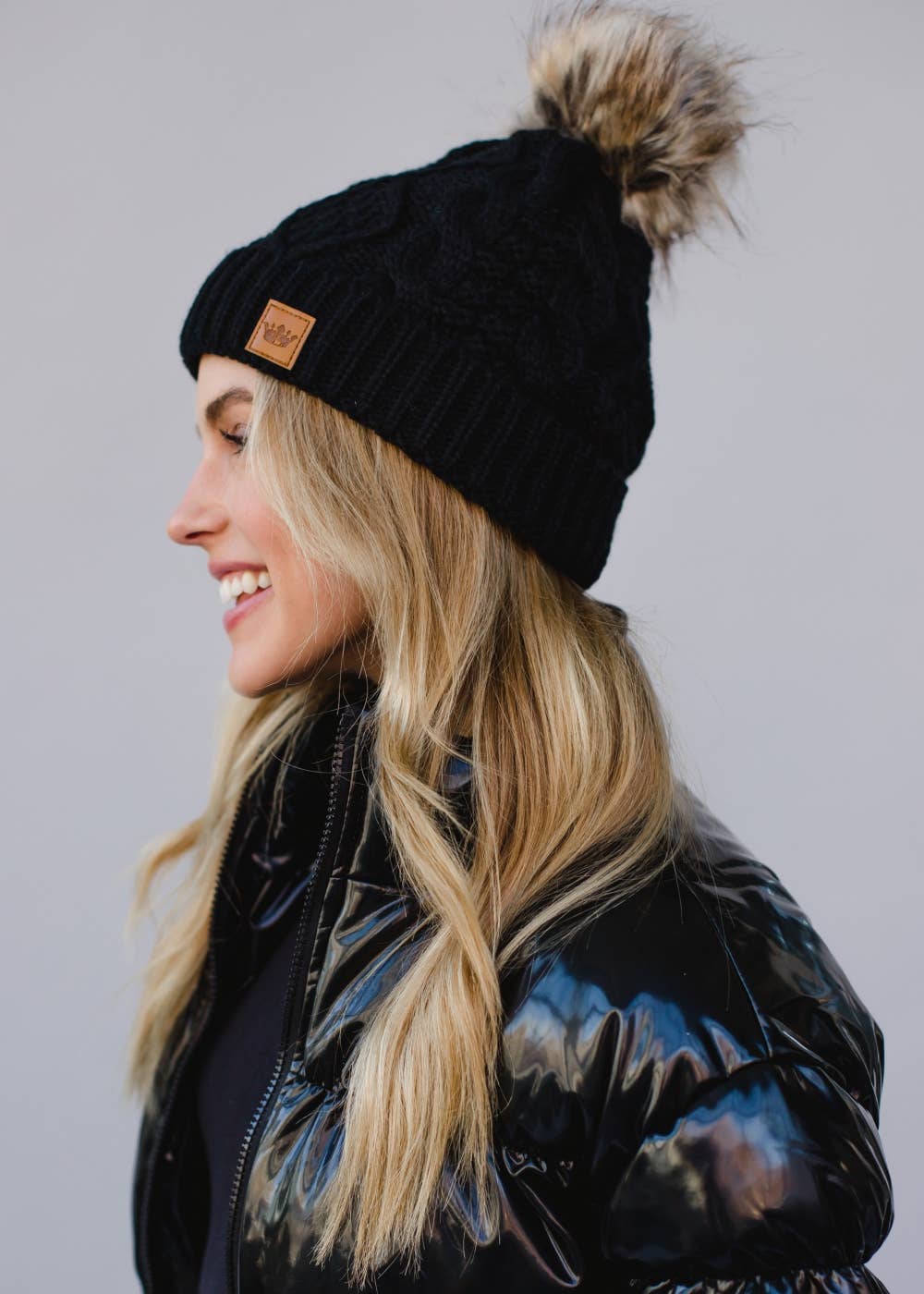 Black Cable Knit w/ Natural Pom Hat | Panache Apparel Co.