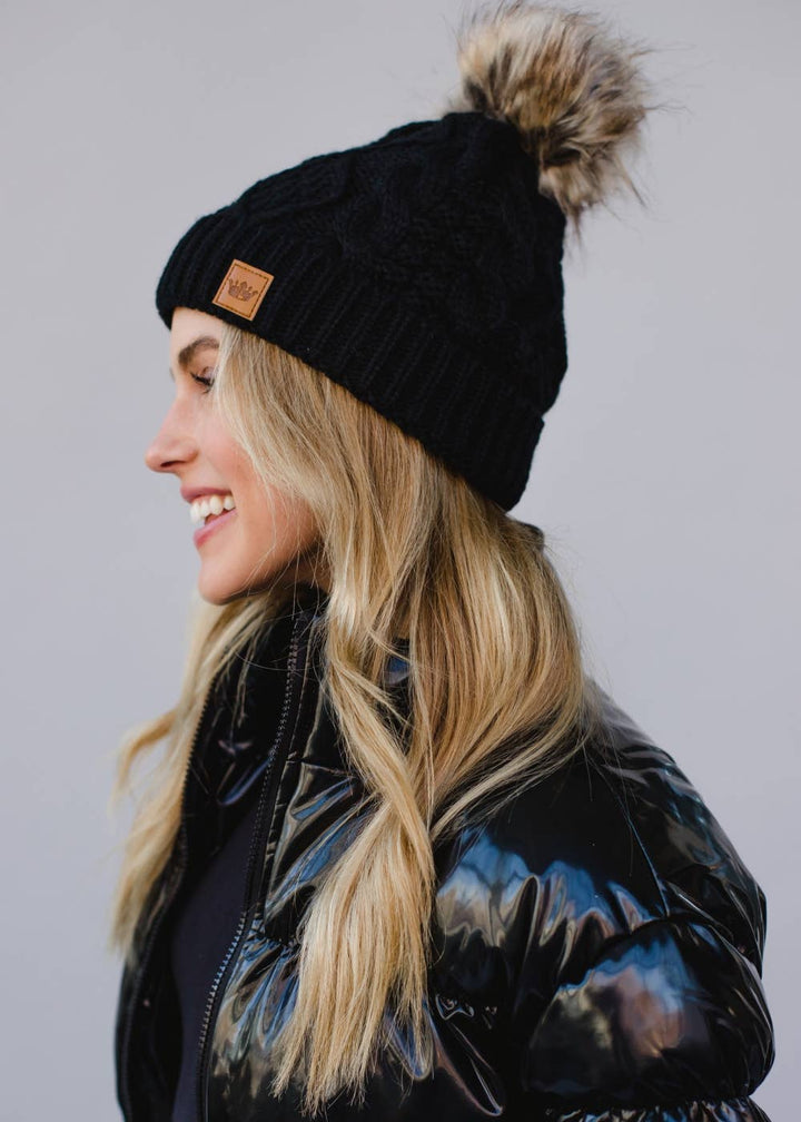 Black Cable Knit w/ Natural Pom Hat | Panache Apparel Co.