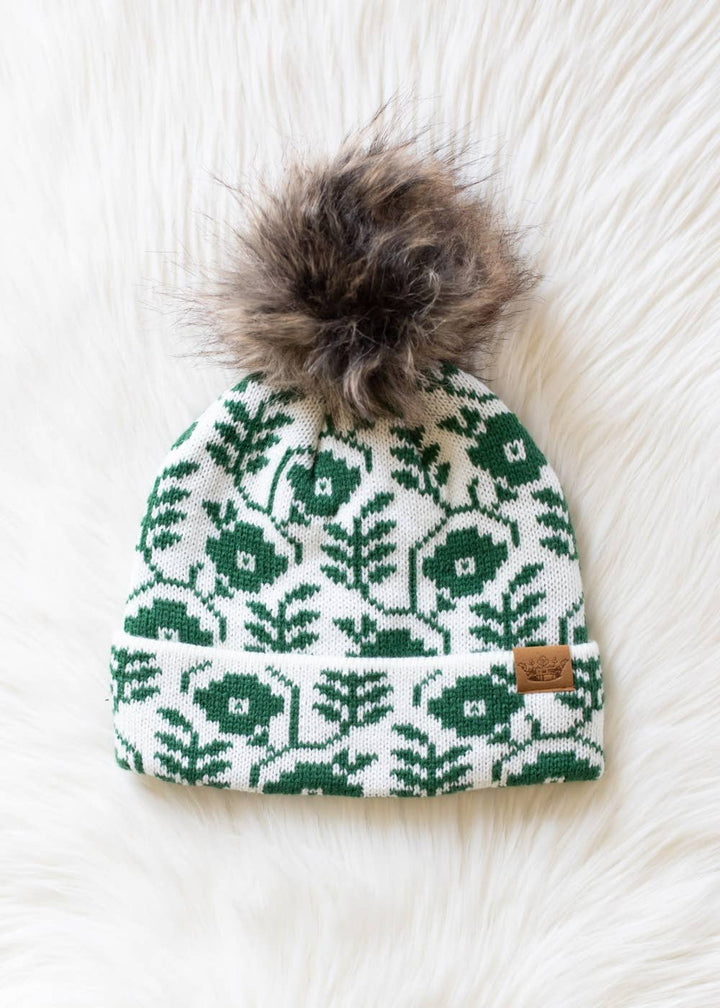 Ivory & Green Floral Pattern Pom Knit Hat | Panache Apparel Co.