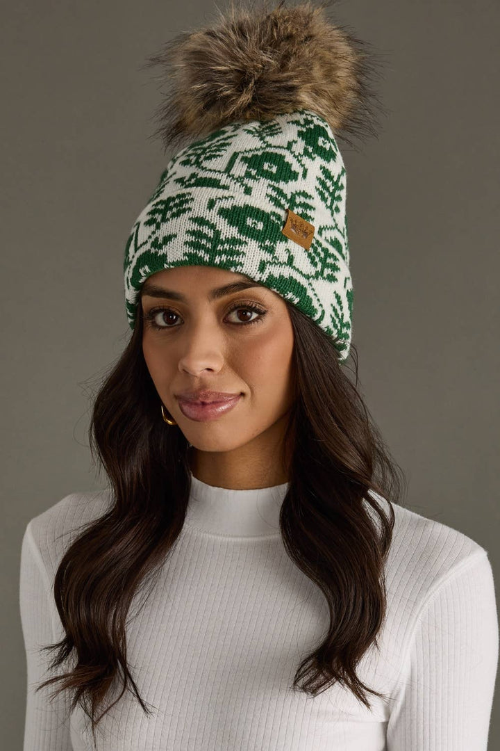 Ivory & Green Floral Pattern Pom Knit Hat | Panache Apparel Co.