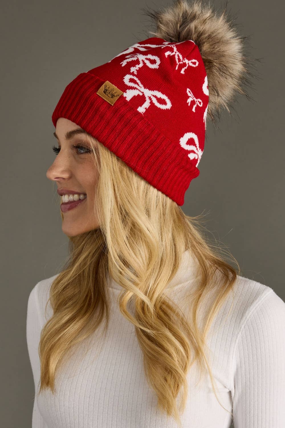 Red & White Bow Pom Knit Hat | Panache Apparel Co.