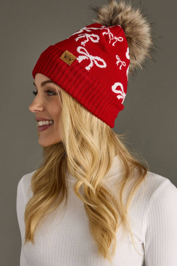 Red & White Bow Pom Knit Hat | Panache Apparel Co.
