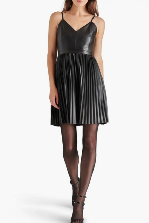 Nandita Pleated Faux Leather Mini Dress - Black | Steve Madden