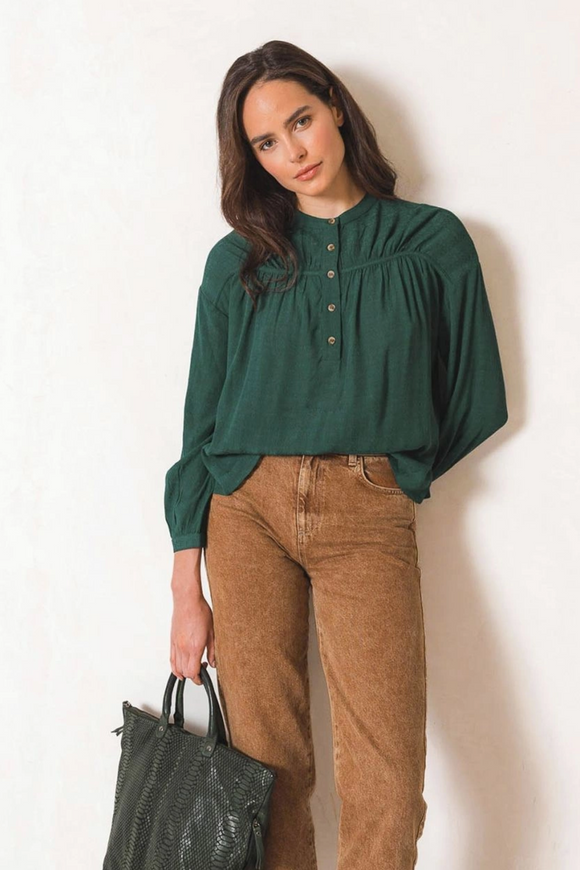 Gathered Detail Blouse - Forest Green | Indi & Cold