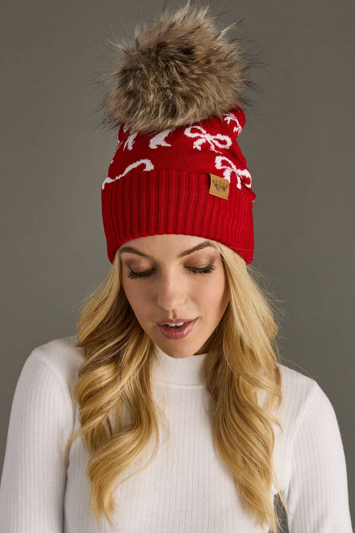 Red & White Bow Pom Knit Hat | Panache Apparel Co.