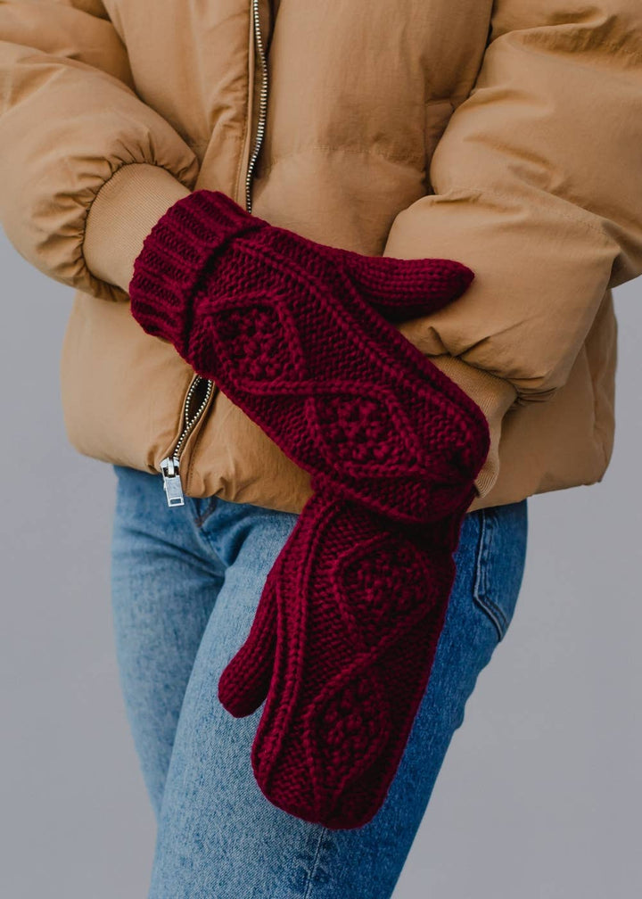 Burgundy Cable Knit Mittens | Panache Apparel Co.
