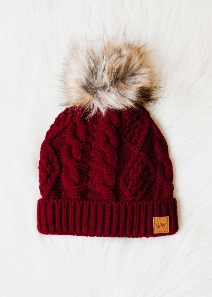 Burgundy Cable Knit Pom Hat | Panache Apparel Co.