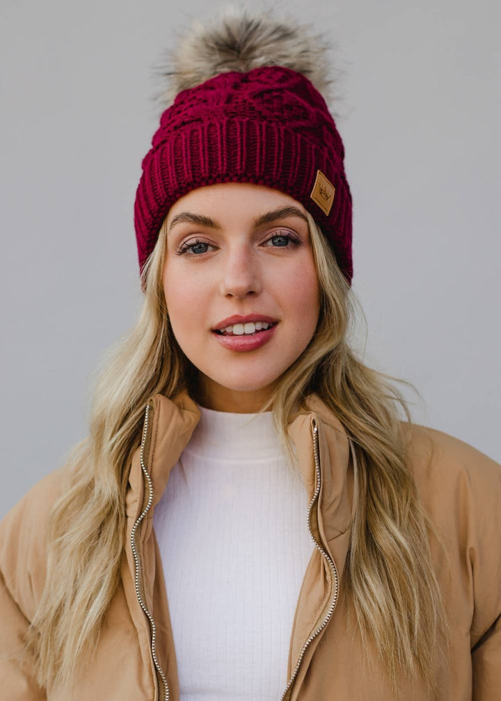 Burgundy Cable Knit Pom Hat | Panache Apparel Co.