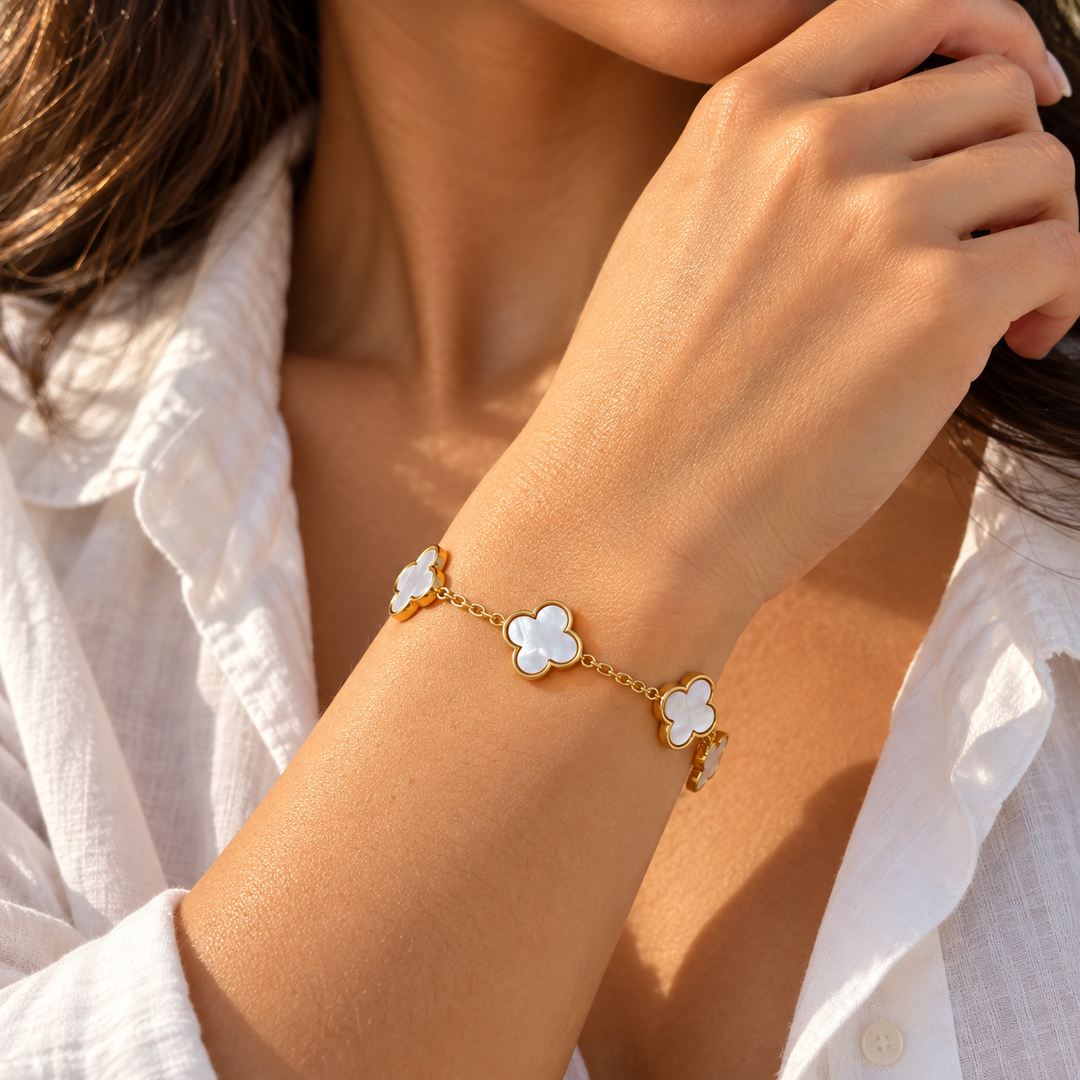 White Enamel Clover Station Gold Bracelet | Alysha James Jewelry