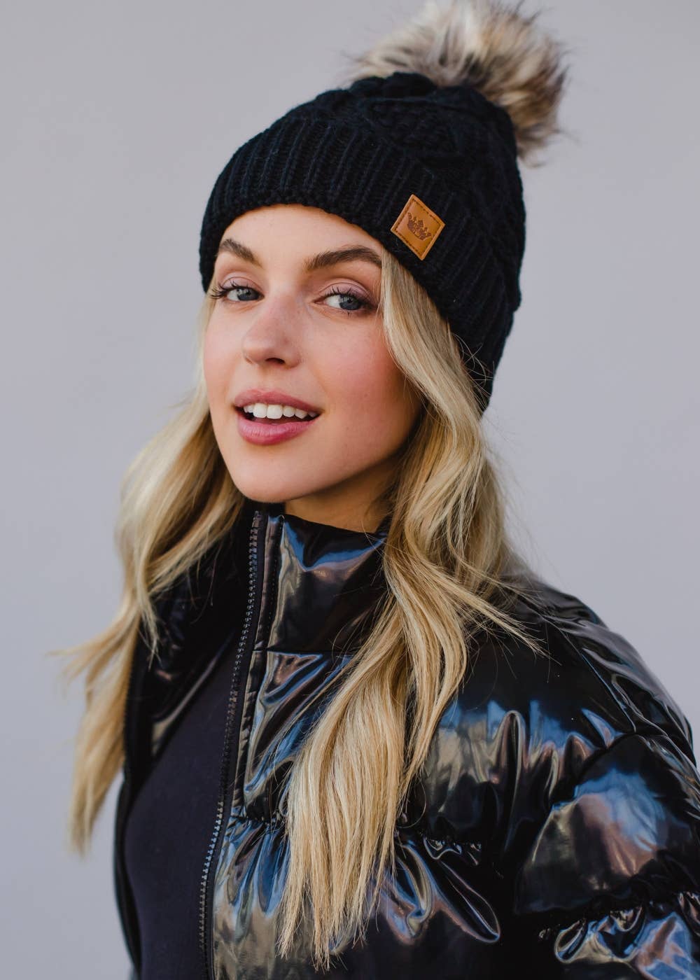Black Cable Knit w/ Natural Pom Hat | Panache Apparel Co.