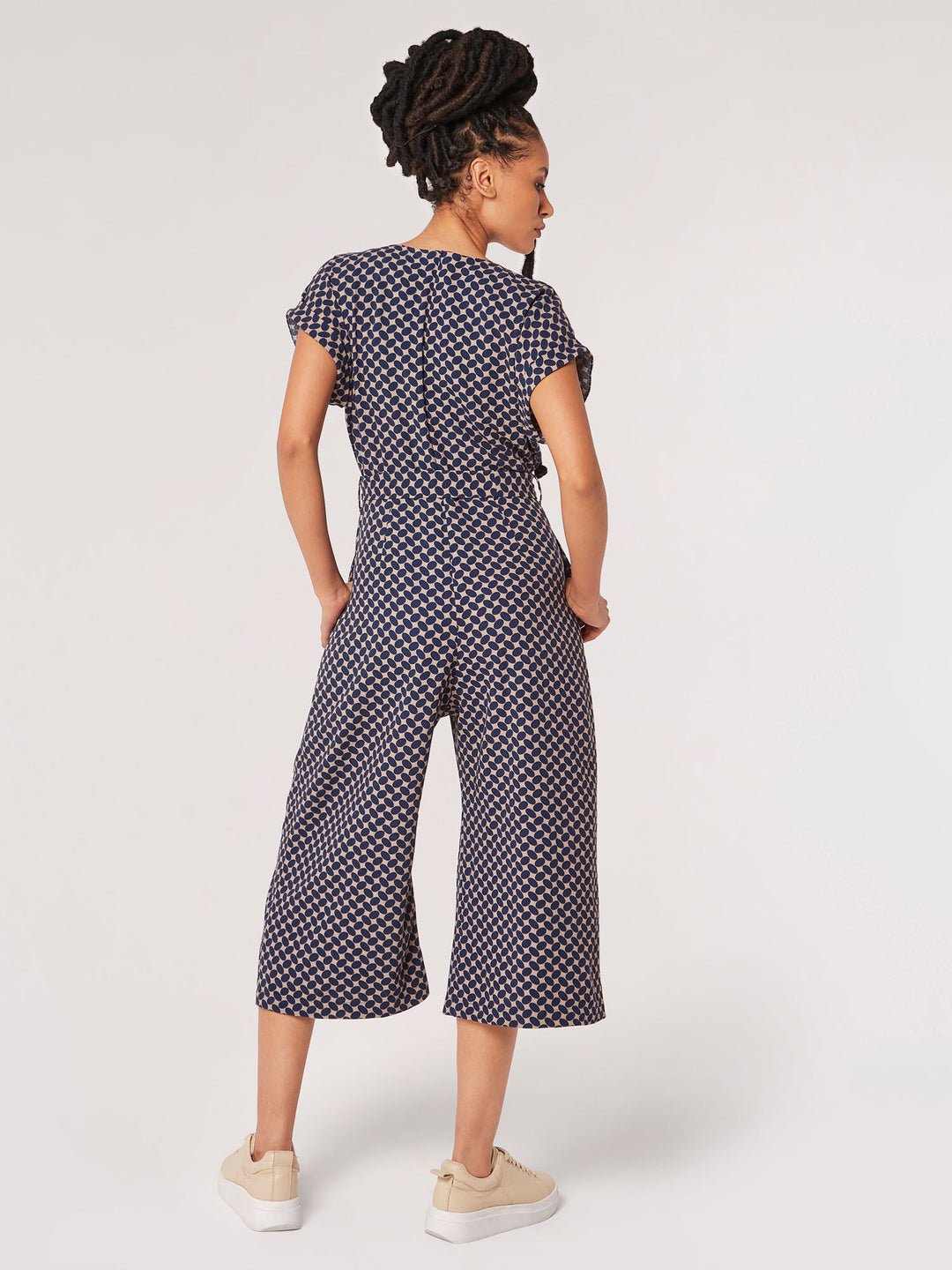 Oval Print Wrap Culotte Jumpsuit - Navy | Apricot