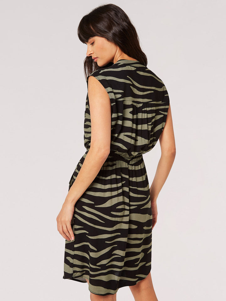 Zebra Print Zip Through Dress - Khaki  | Apricot