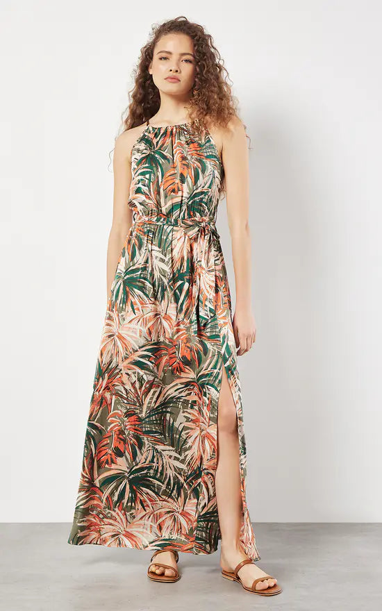 Painterly Tropical Satin Midi Dress | Apricot