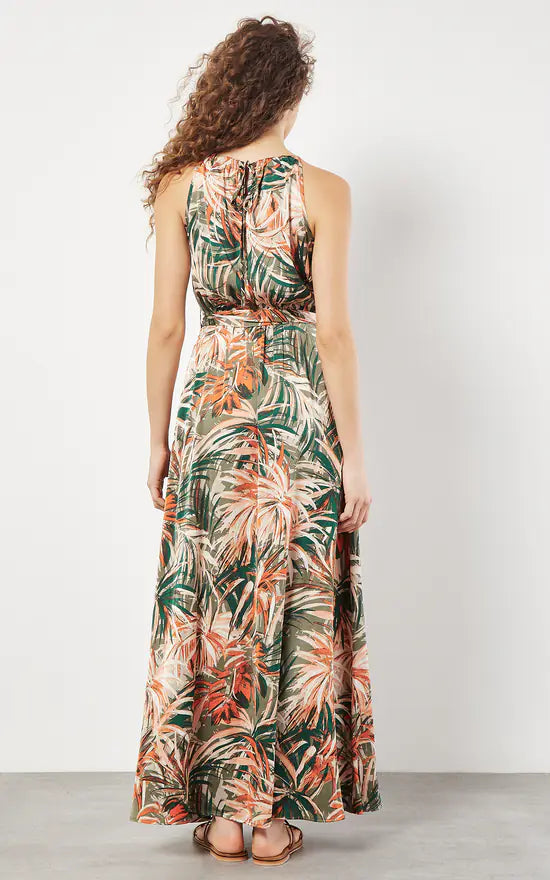 Painterly Tropical Satin Midi Dress | Apricot - Clearance