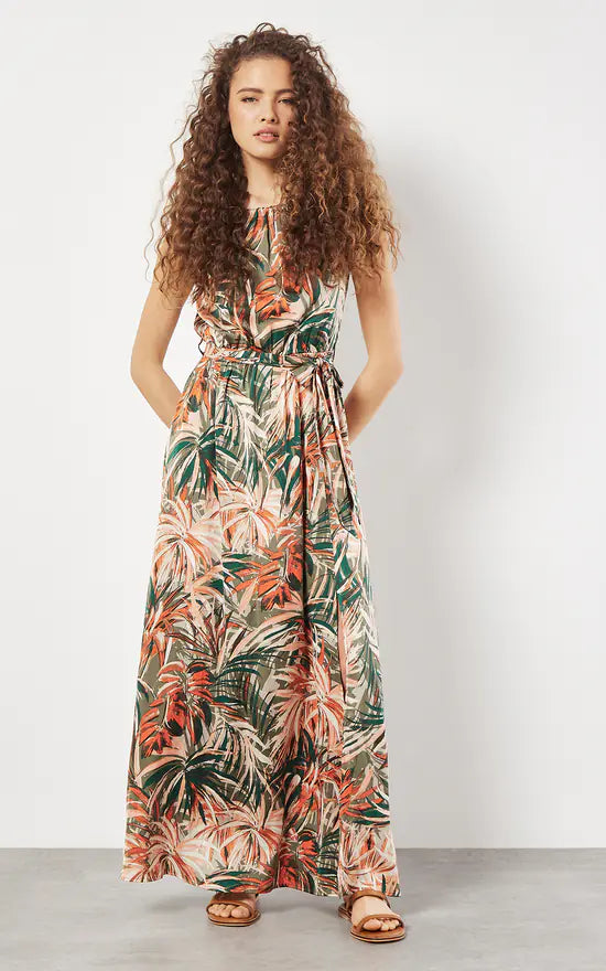 Painterly Tropical Satin Midi Dress | Apricot - Clearance