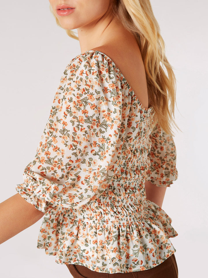 Ditsy Floral Smocked Peplum Top | Apricot