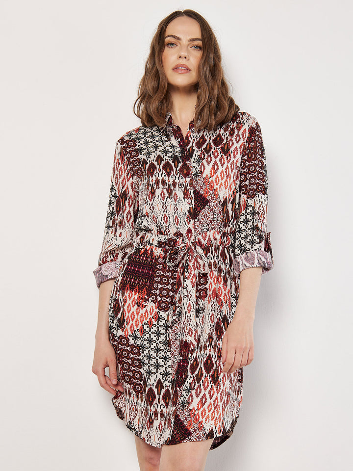 Patchwork Ikat Shirt Dress | Apricot