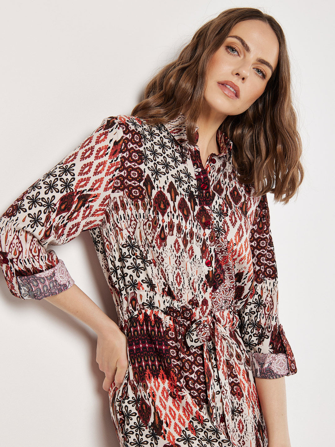 Patchwork Ikat Shirt Dress | Apricot