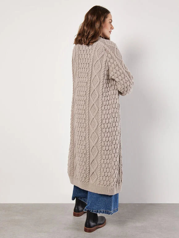 Chunky Cable Knit Long Cardigan | Apricot