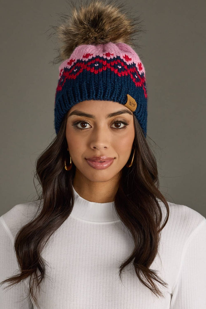 Pink, Navy & Red Patterned Pom Knit Hat | Panache Apparel Co.