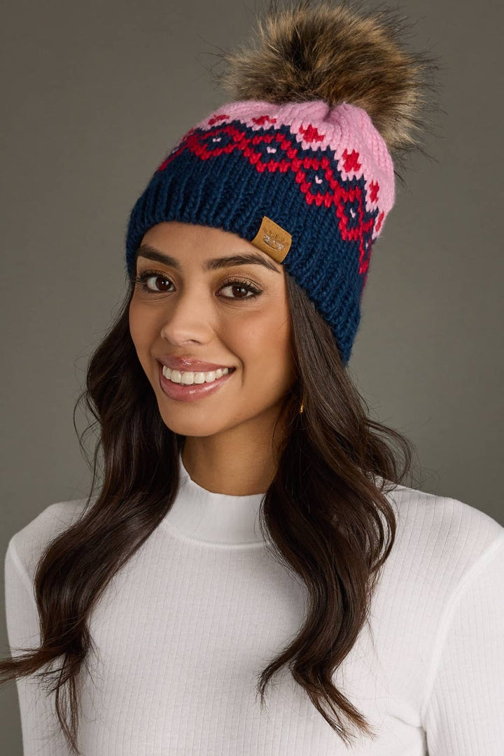 Pink, Navy & Red Patterned Pom Knit Hat | Panache Apparel Co.