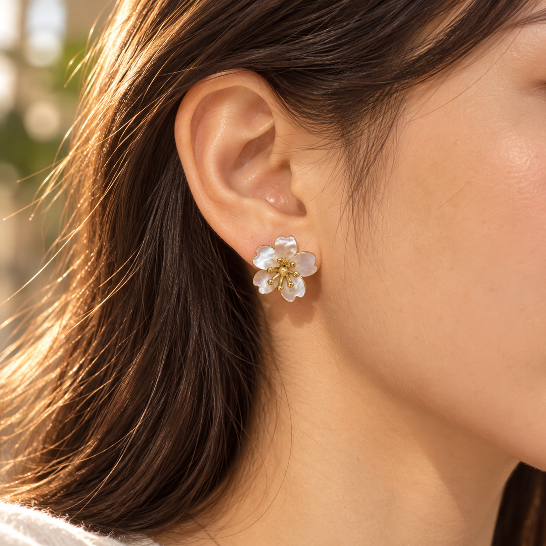 Mother of Pearl Flower Stud Gold Earrings | Alysha James Jewelry