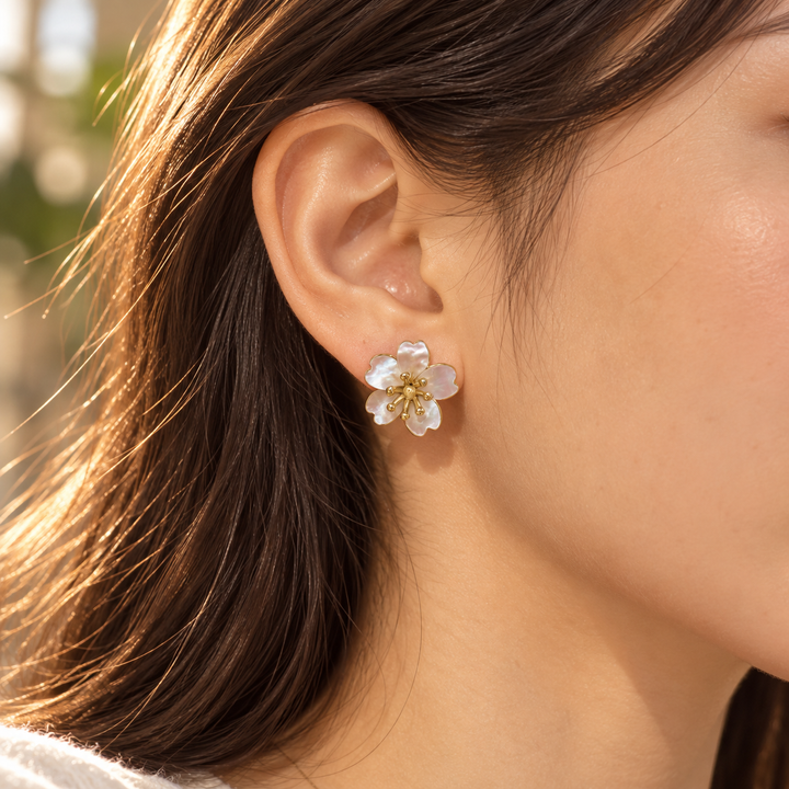 Mother of Pearl Flower Stud Gold Earrings | Alysha James Jewelry