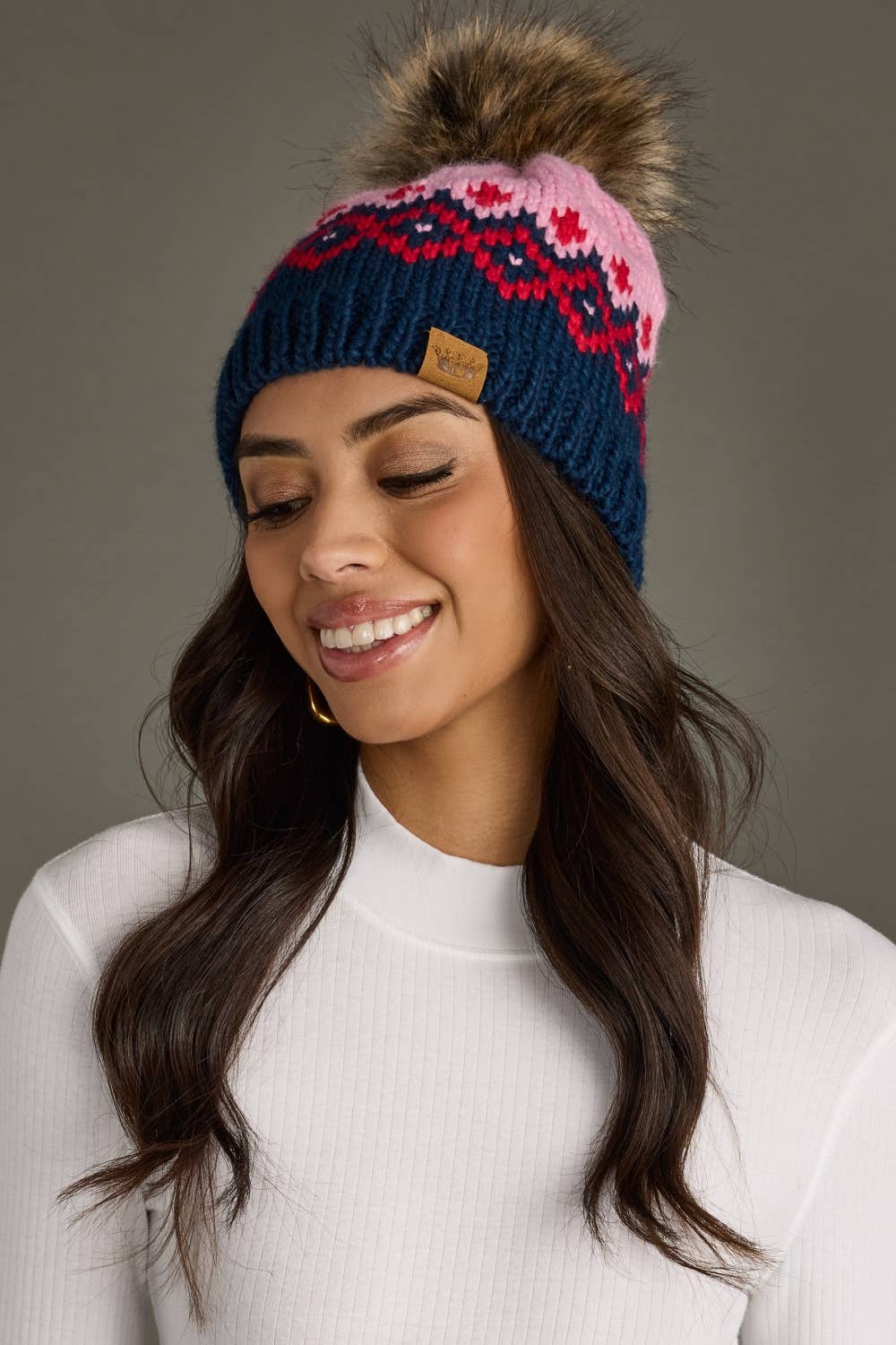 Pink, Navy & Red Patterned Pom Knit Hat | Panache Apparel Co.