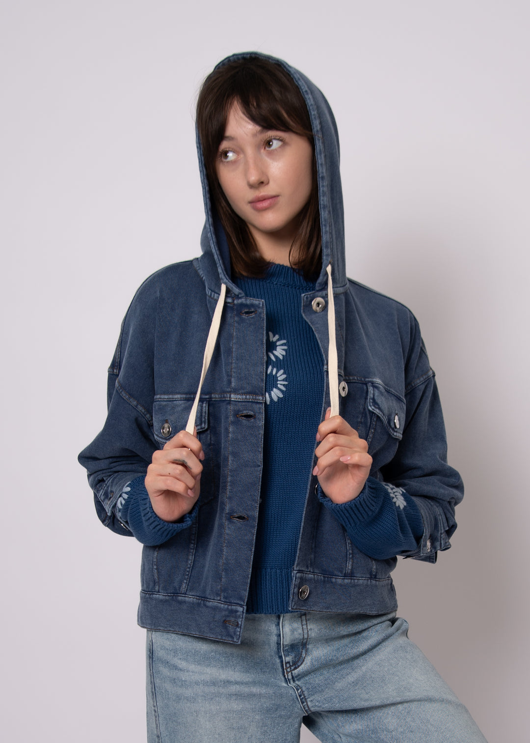Sarana Denim Look French Terry Hoodie Jacket in Dark Blue | RD Style
