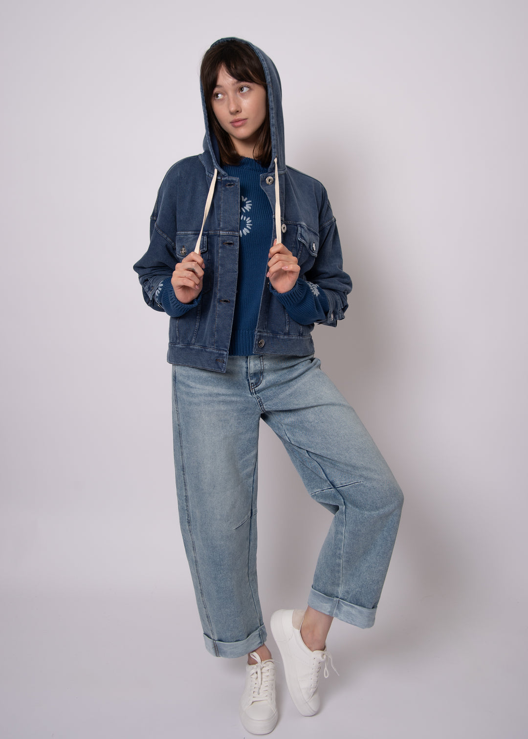Sarana Denim Look French Terry Hoodie Jacket in Dark Blue | RD Style