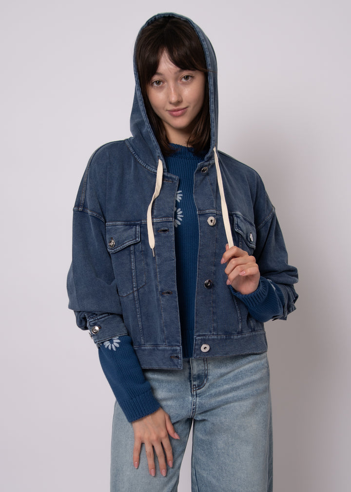 Sarana Denim Look French Terry Hoodie Jacket in Dark Blue | RD Style