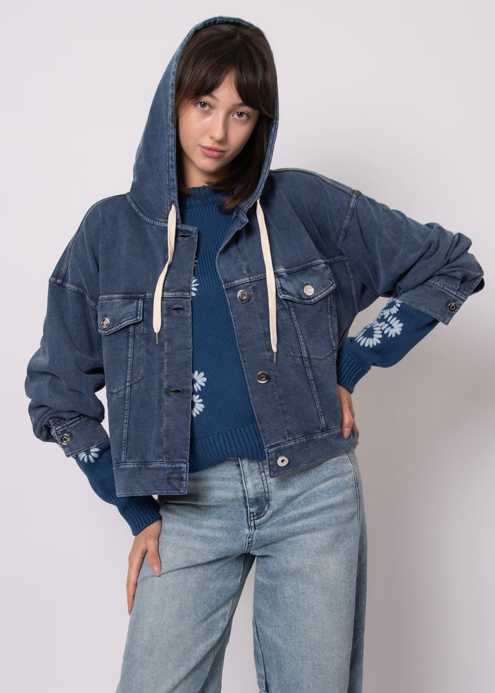 Sarana Denim Look French Terry Hoodie Jacket in Dark Blue | RD Style