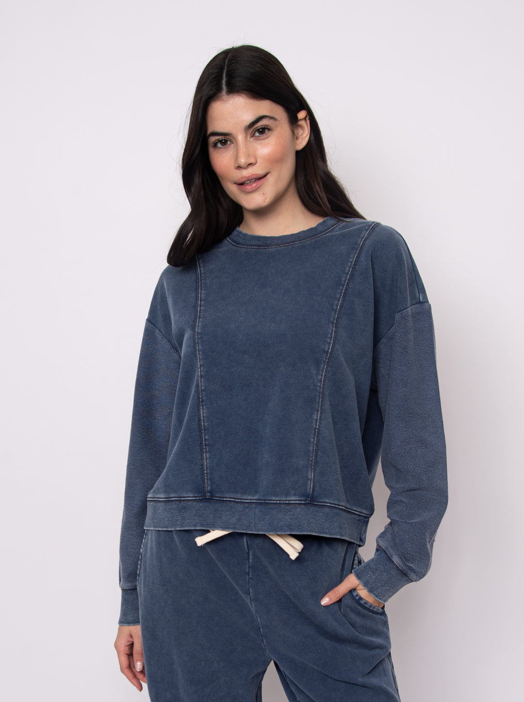 Kacey Denim Look French Terry Sweatshirt in Dark Blue | RD Style
