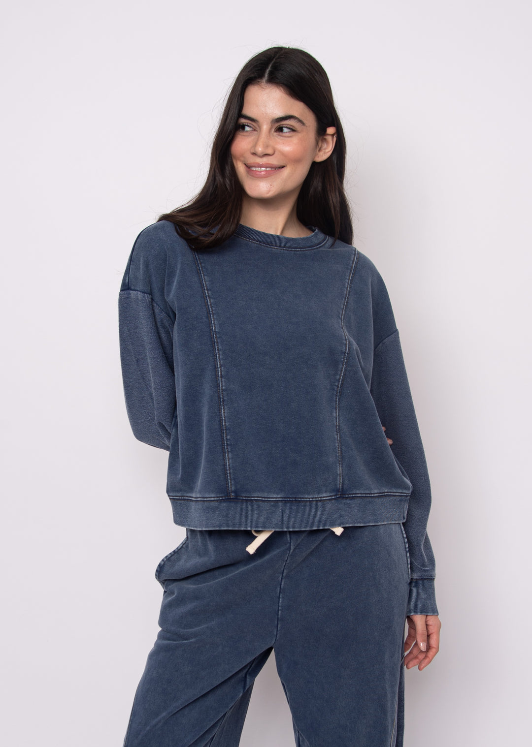 Kacey Denim Look French Terry Sweatshirt in Dark Blue | RD Style