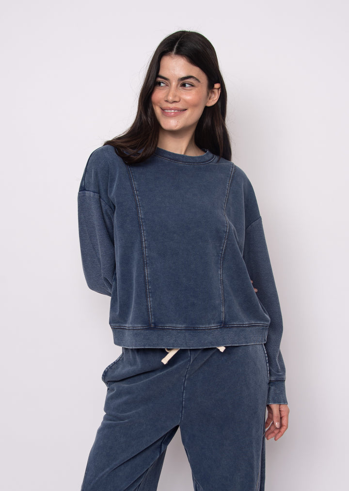 Kacey Denim Look French Terry Sweatshirt in Dark Blue | RD Style