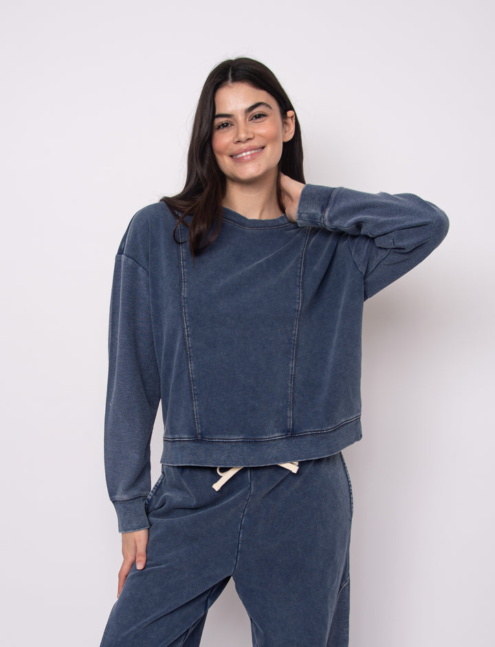 Kacey Denim Look French Terry Sweatshirt in Dark Blue | RD Style
