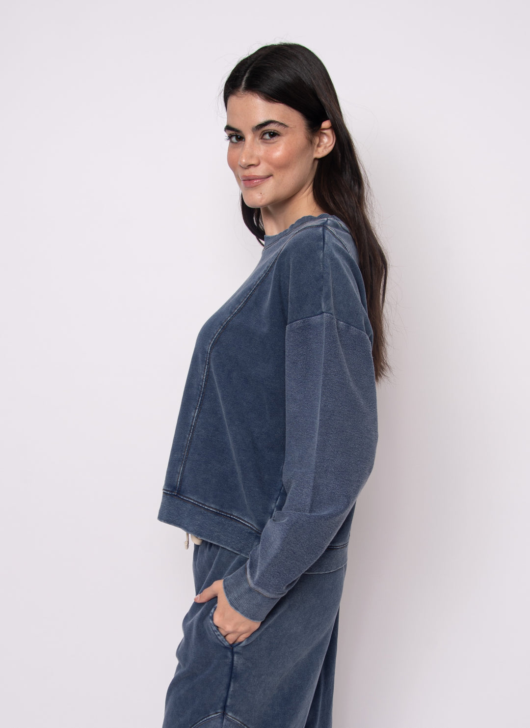 Kacey Denim Look French Terry Sweatshirt in Dark Blue | RD Style