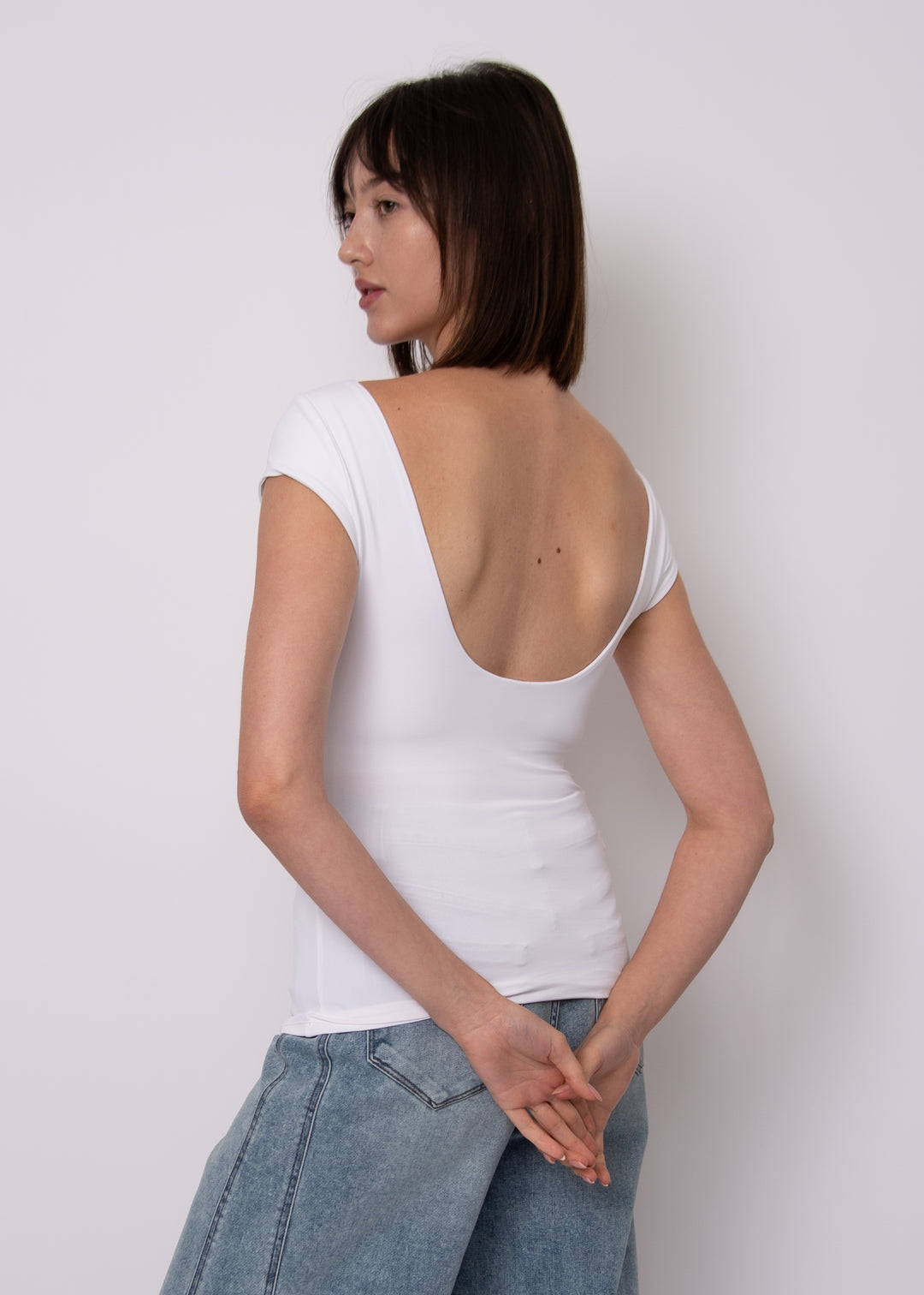 Brida Second Skin Low Back Top with Bra Cups in White  | RD Style