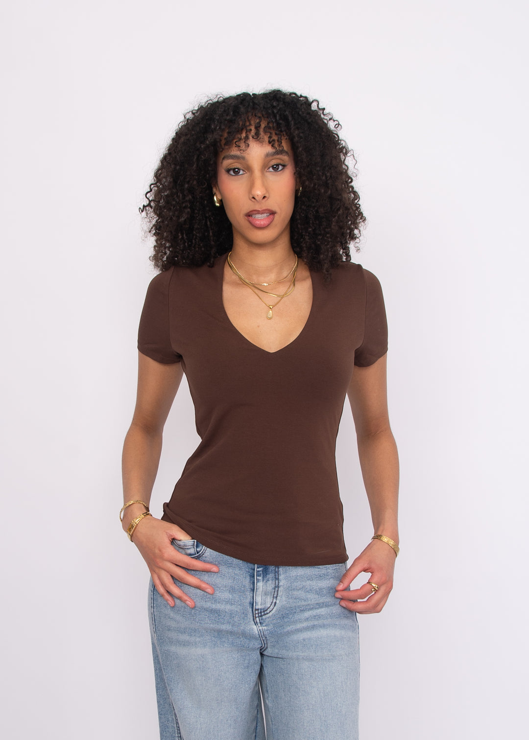 Valenna Cotton Core V-Neck Top - Mocha | RD Style