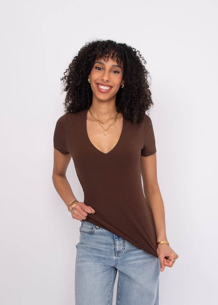 Valenna Cotton Core V-Neck Top - Mocha | RD Style