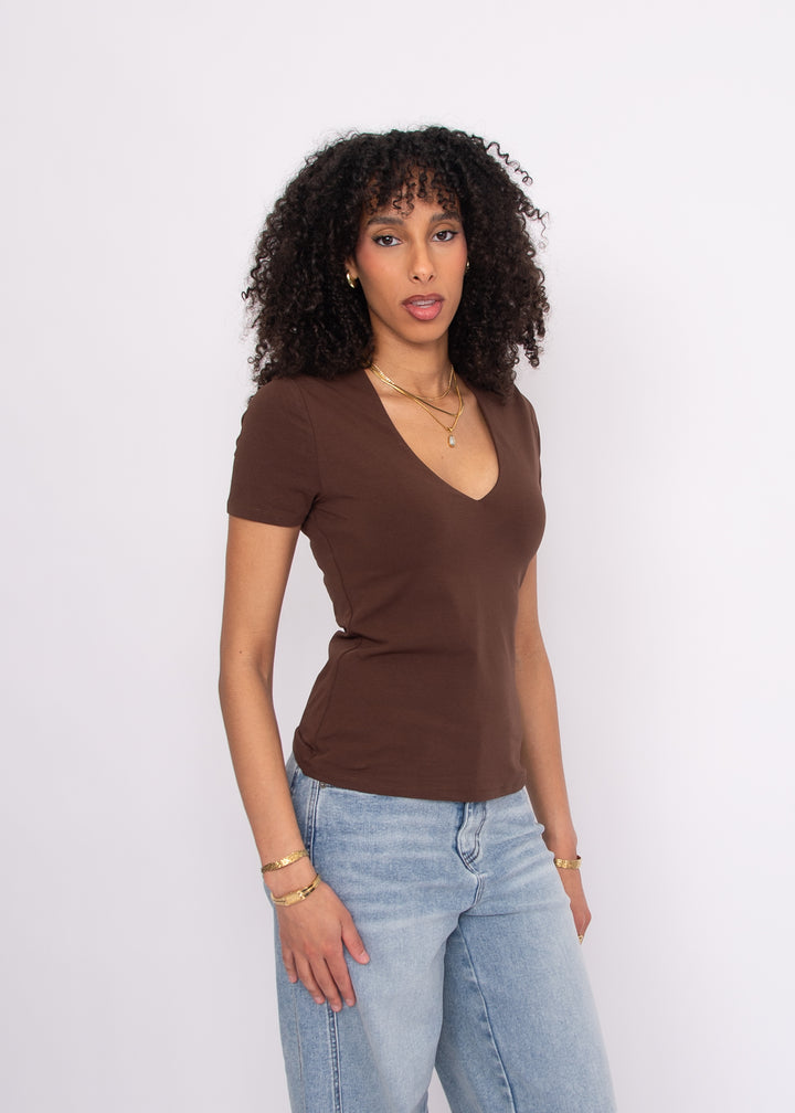 Valenna Cotton Core V-Neck Top - Mocha | RD Style