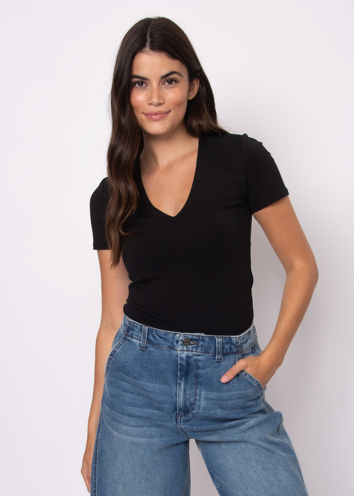 Valenna Cotton Core V-Neck Top - Black | RD Style