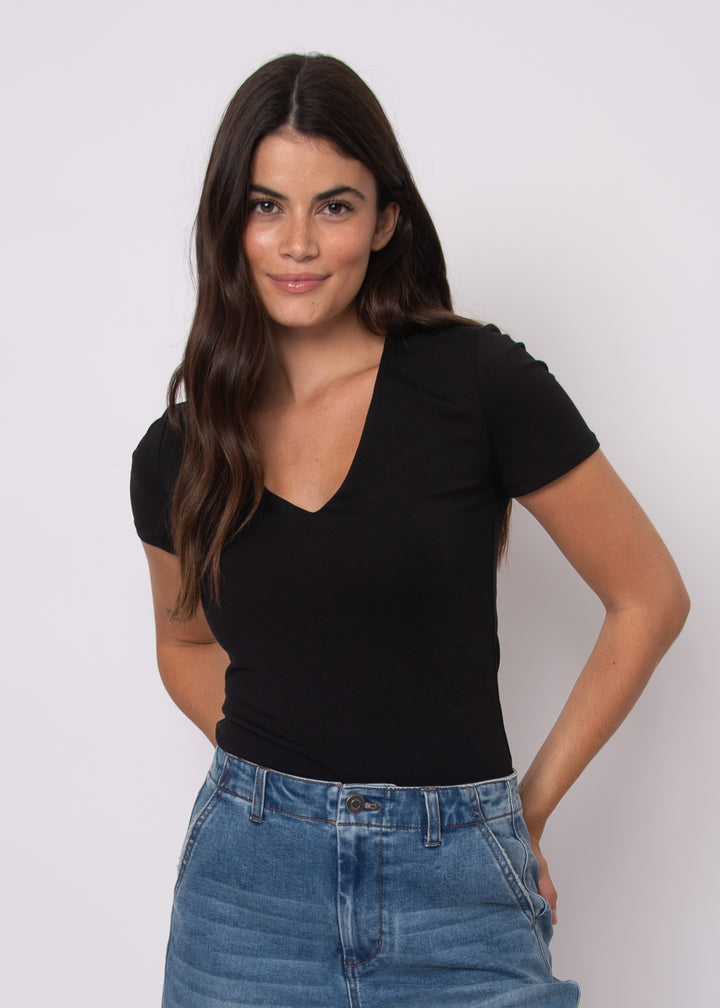 Valenna Cotton Core V-Neck Top - Black | RD Style