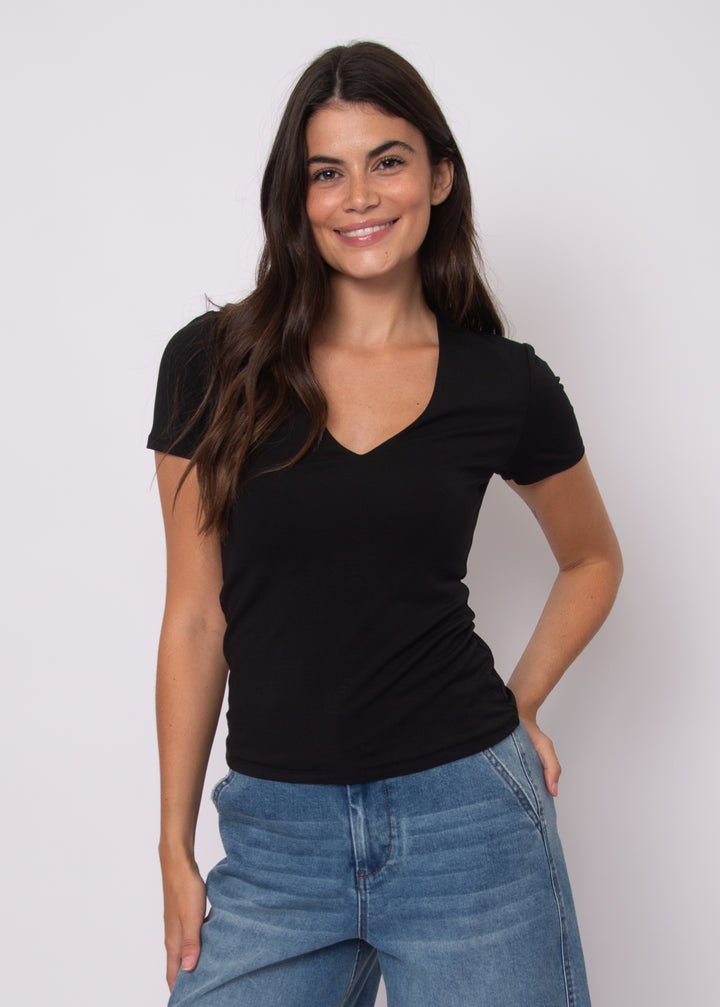 Valenna Cotton Core V-Neck Top - Black | RD Style