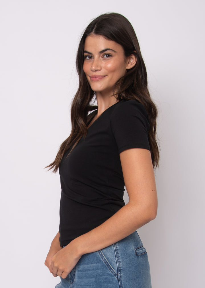 Valenna Cotton Core V-Neck Top - Black | RD Style