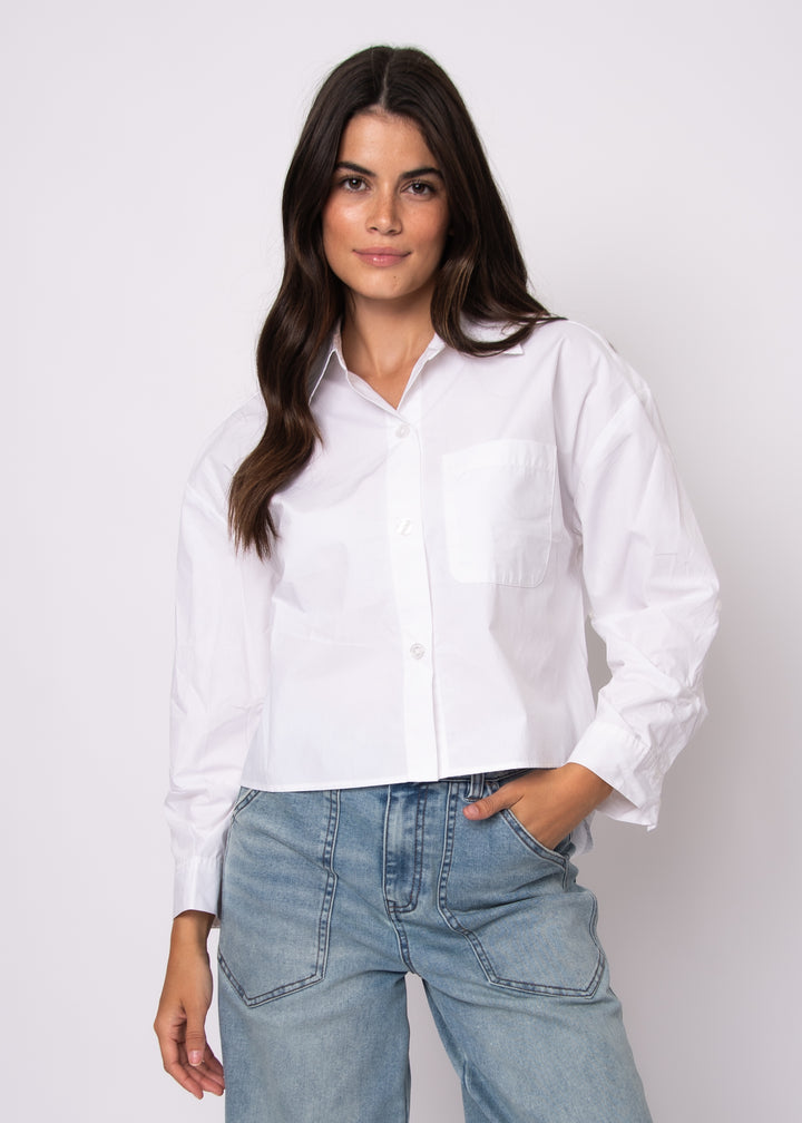 Kerwin Crisp Poplin Hi-Low Button Up Shirt in White | RD Style