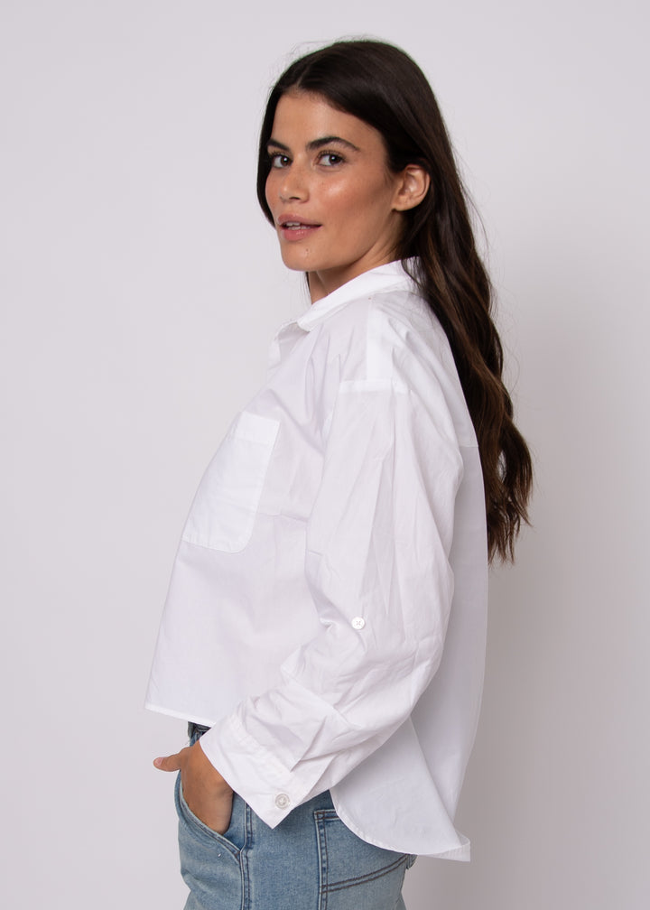 Kerwin Crisp Poplin Hi-Low Button Up Shirt in White | RD Style