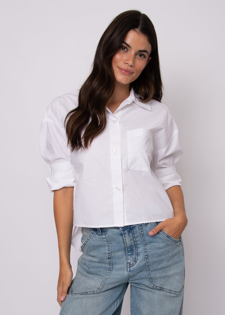Kerwin Crisp Poplin Hi-Low Button Up Shirt in White | RD Style